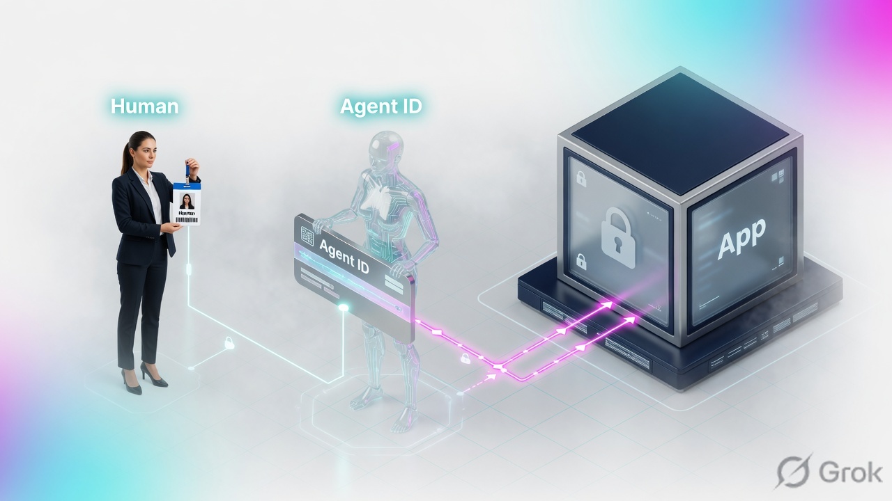 Human employee and AI agent identity both presenting credentials to an enterprise application