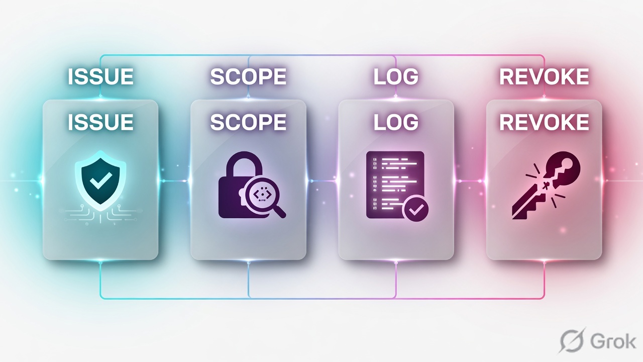 Four-stage identity lifecycle: issue, scope, log, revoke