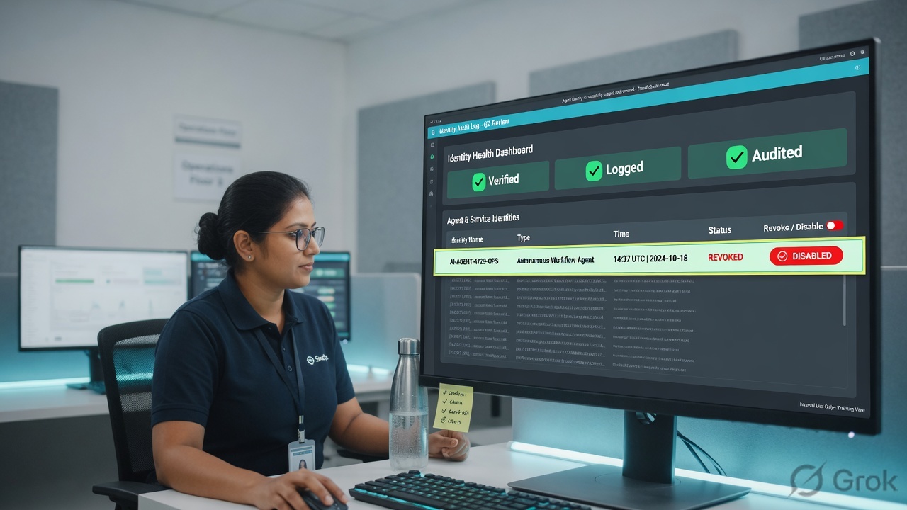 Operator reviewing an agent-identity audit screen with a revoke control