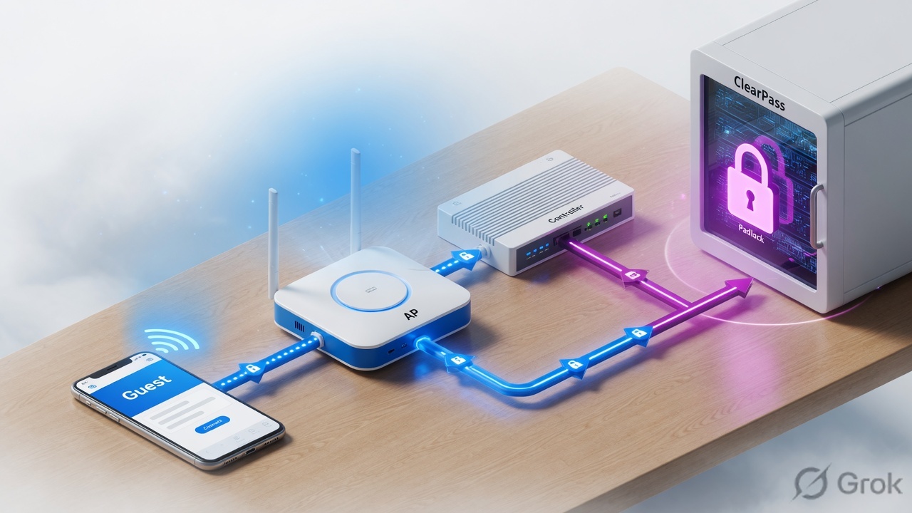 Guest phone reaches a wireless AP, then a controller, then a ClearPass guest portal with a padlock