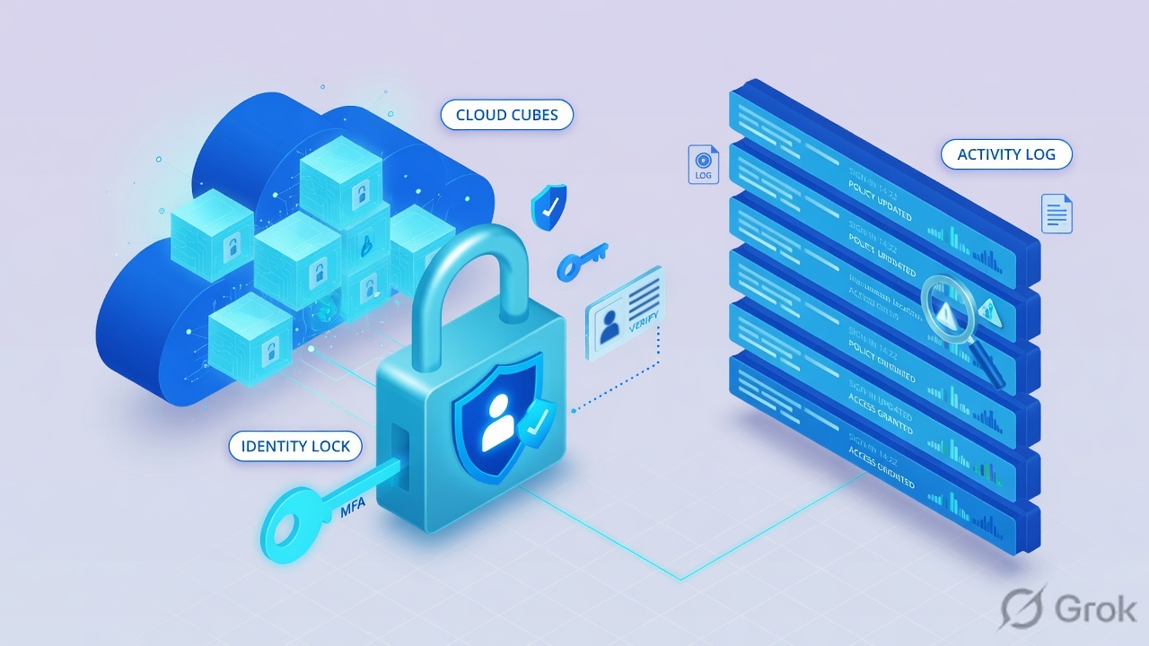Night-shift operations desk with five glowing Azure proof tiles on a wall monitor