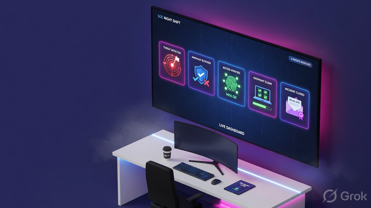 Night-shift operations desk with five glowing Check Point proof tiles on a wall monitor