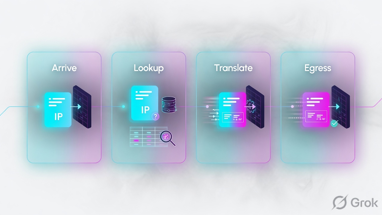 Four panels Arrive Lookup Translate Egress for a NAT packet