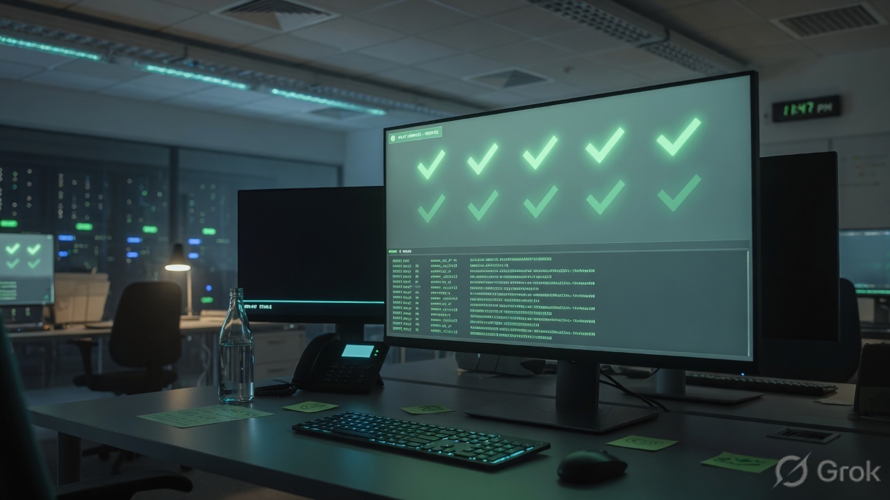 Operations desk with green health checkmarks on a monitor after cutover