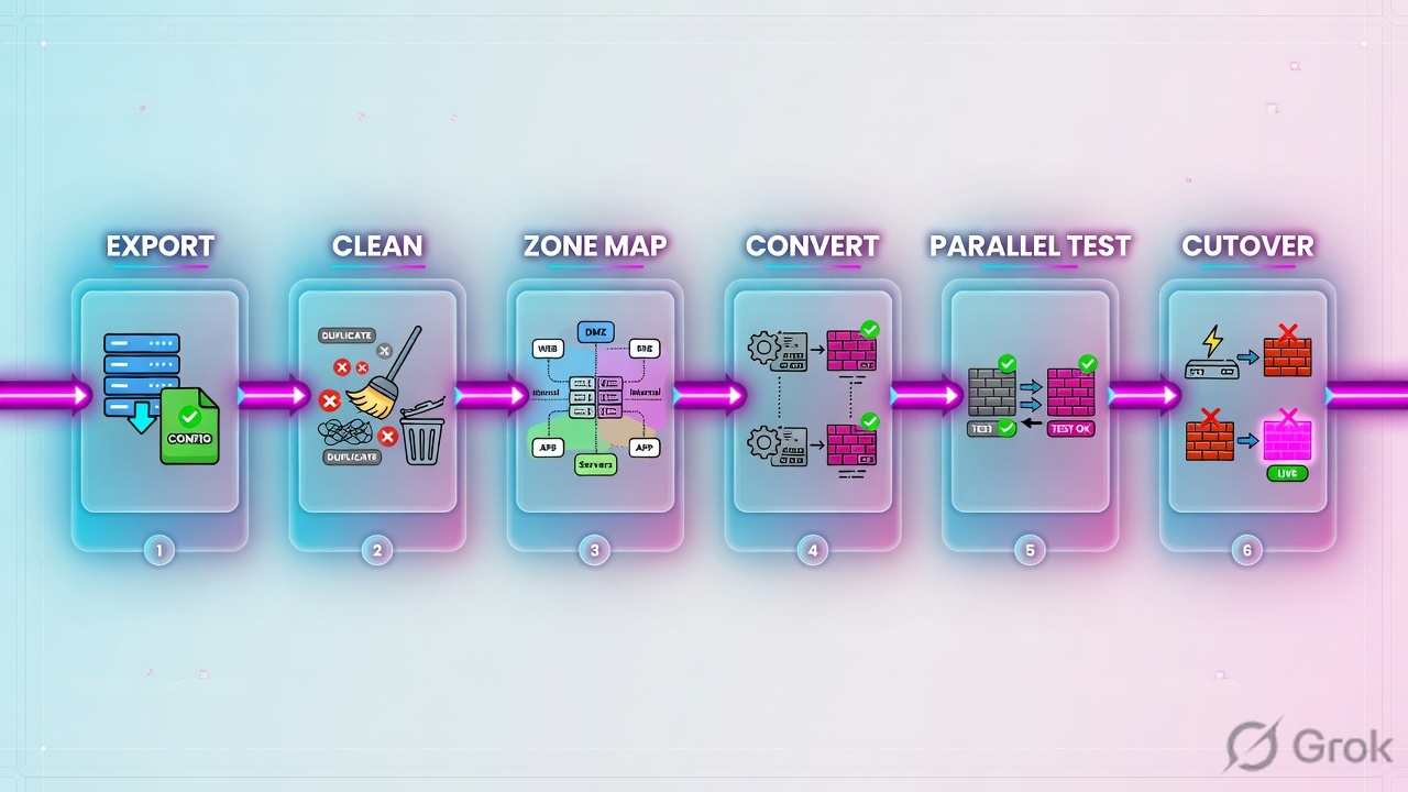 Six-stage firewall migration pipeline from export to cutover