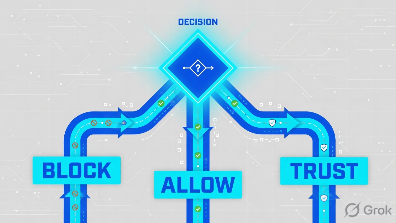 Diamond splitting traffic into Block, Allow, and Trust paths