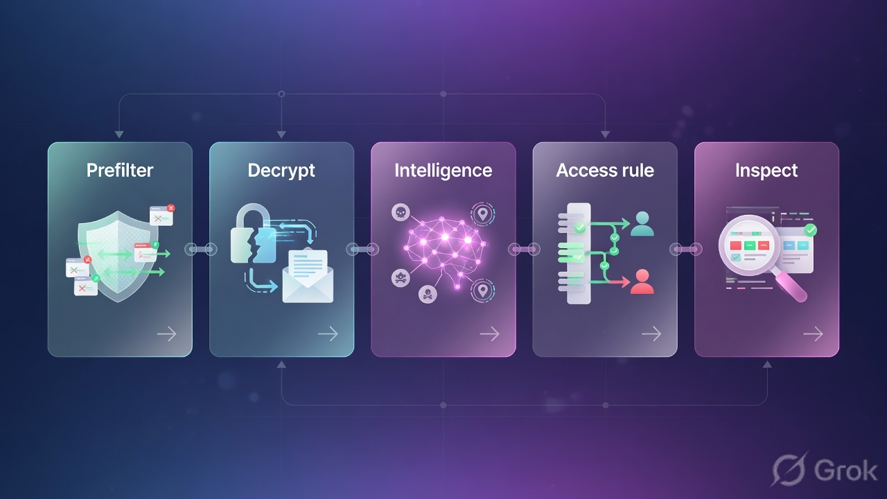 Five glass panels labeled Prefilter, Decrypt, Intelligence, Access rule, Inspect