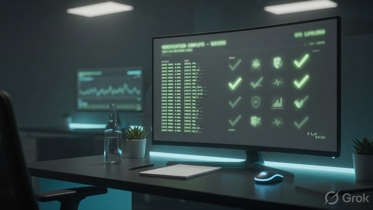Operations desk monitor with abstract green checkmarks and log lines