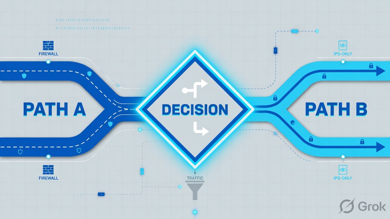 A glowing decision diamond splitting traffic into Path A and Path B