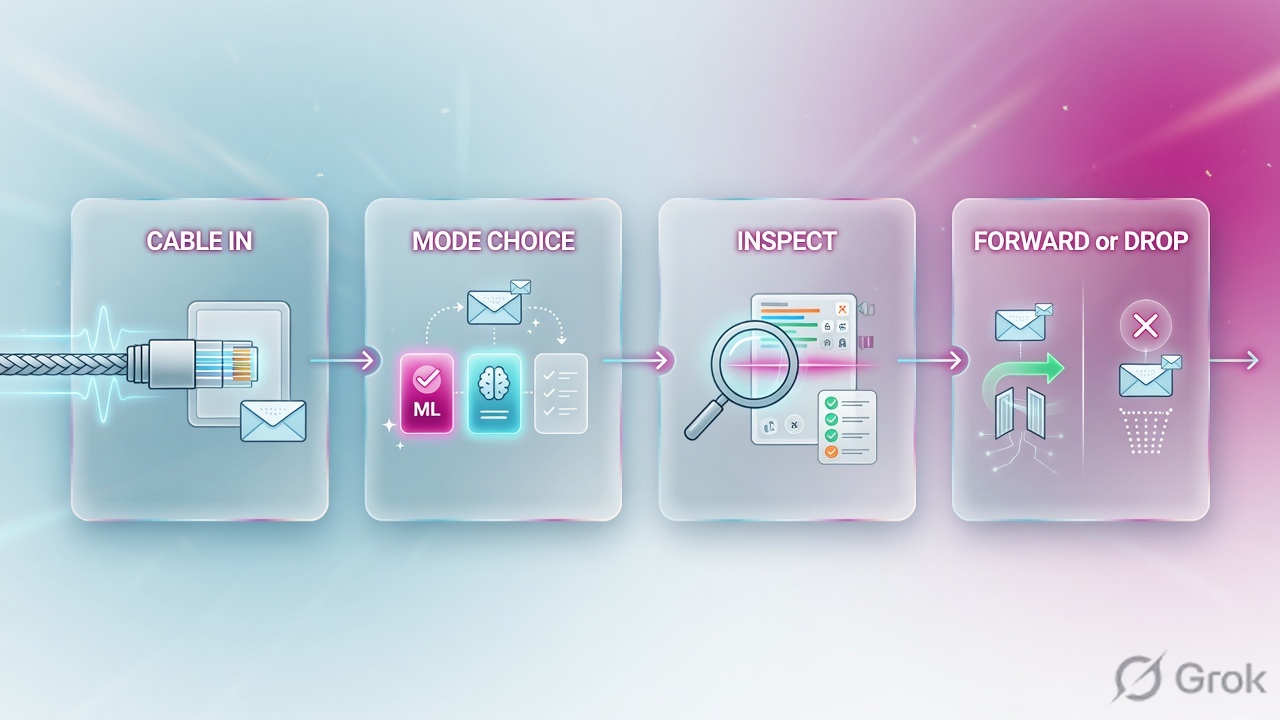 Four glass panels: cable in, mode choice, inspect, forward or drop