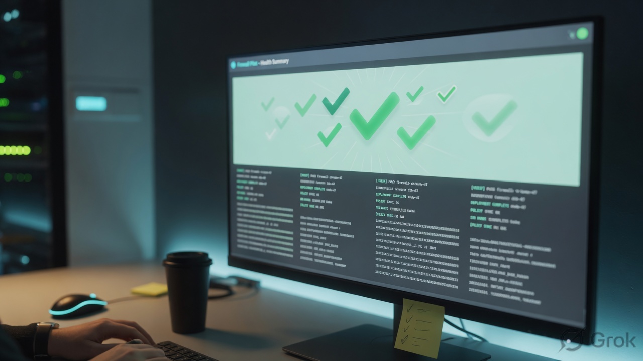 Operations desk with a monitor showing health checkmarks