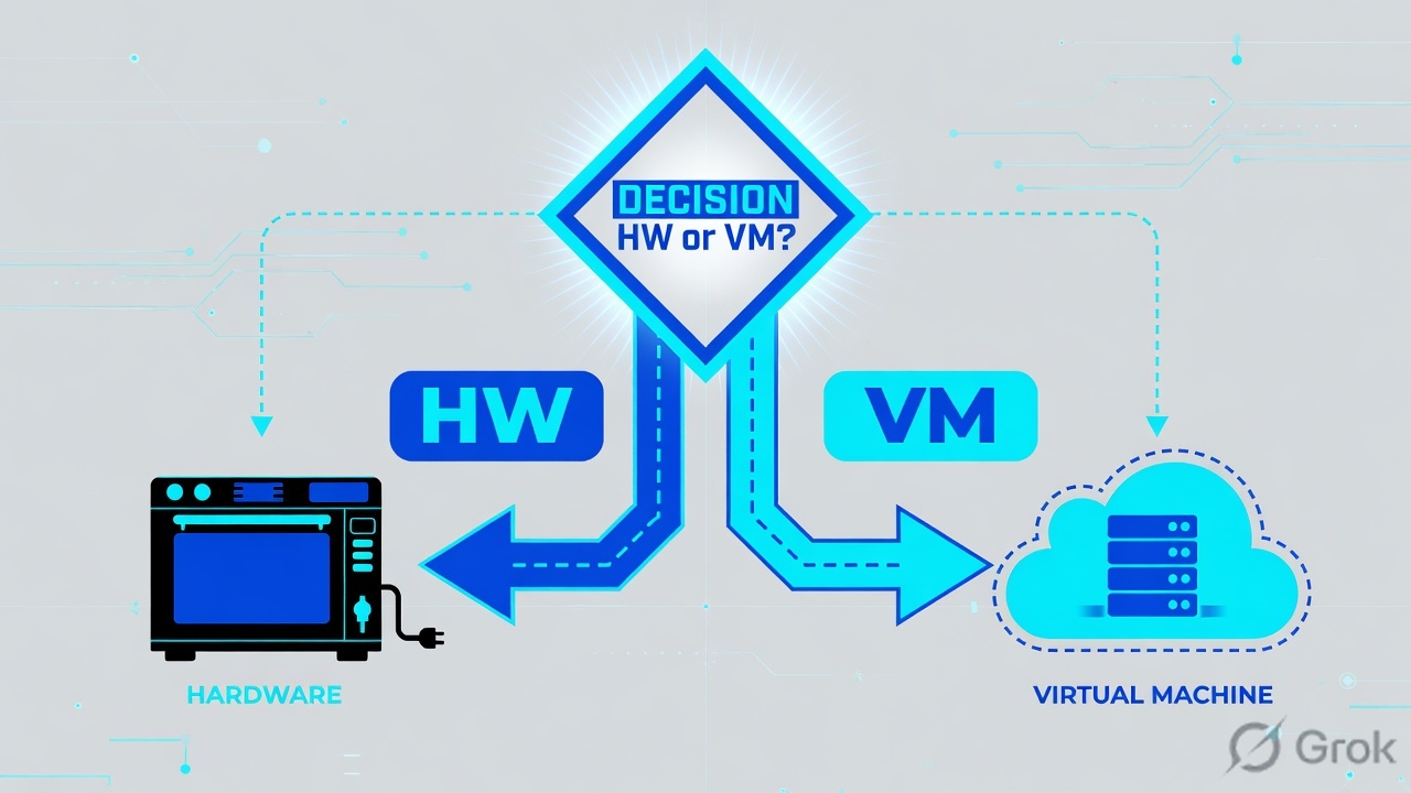 Teaches: a decision diamond splits hardware appliance versus virtual firewall