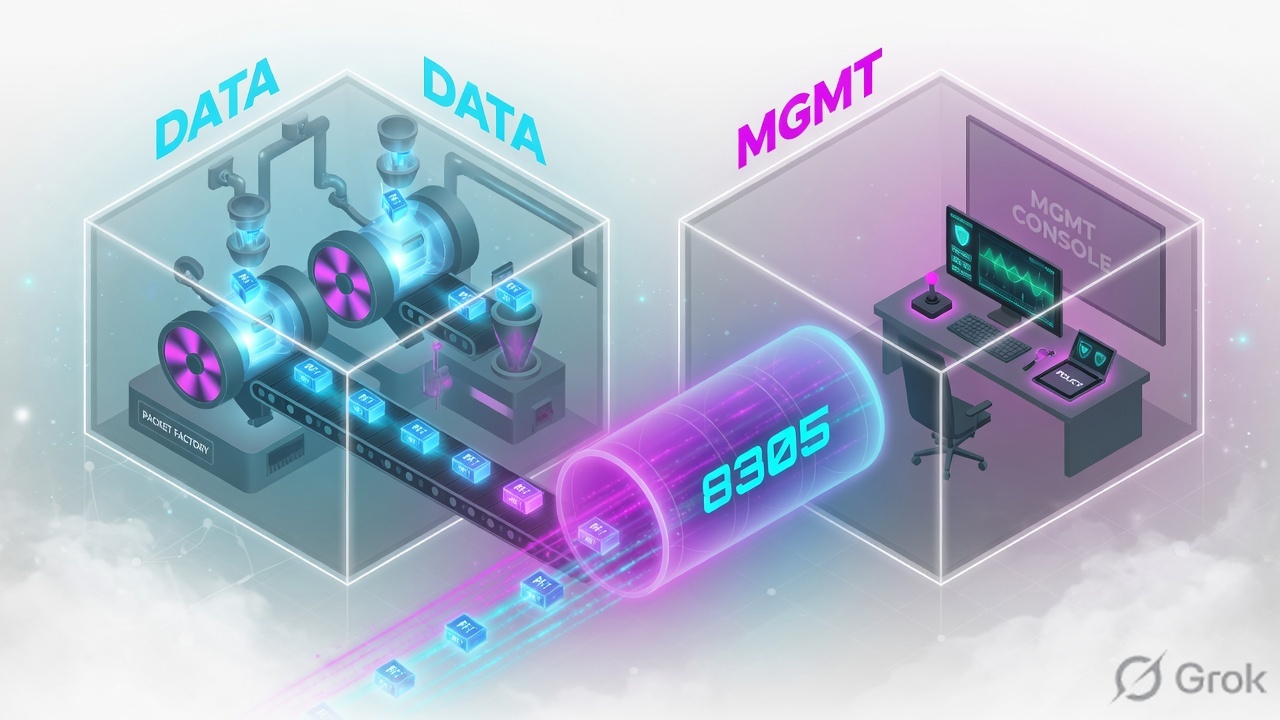 Teaches: data-plane factory and management desk connected by a control tunnel, not by the packet path