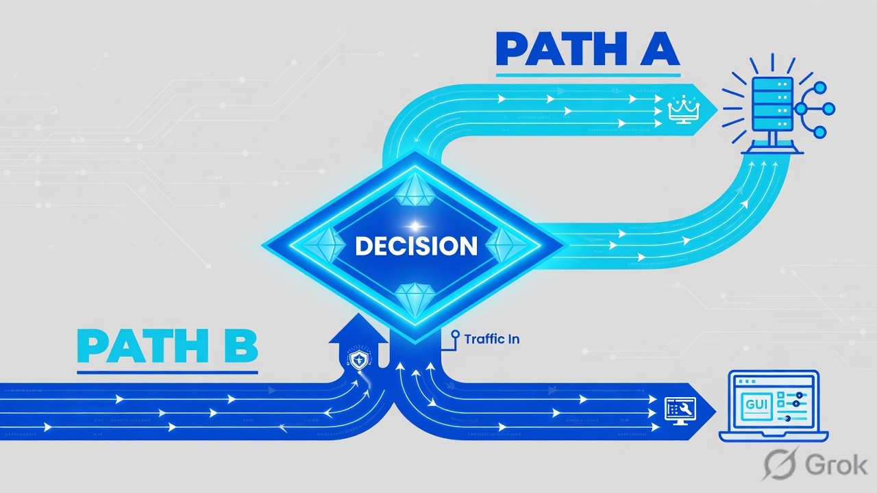 A decision diamond splitting Path A central manager from Path B on-box manager