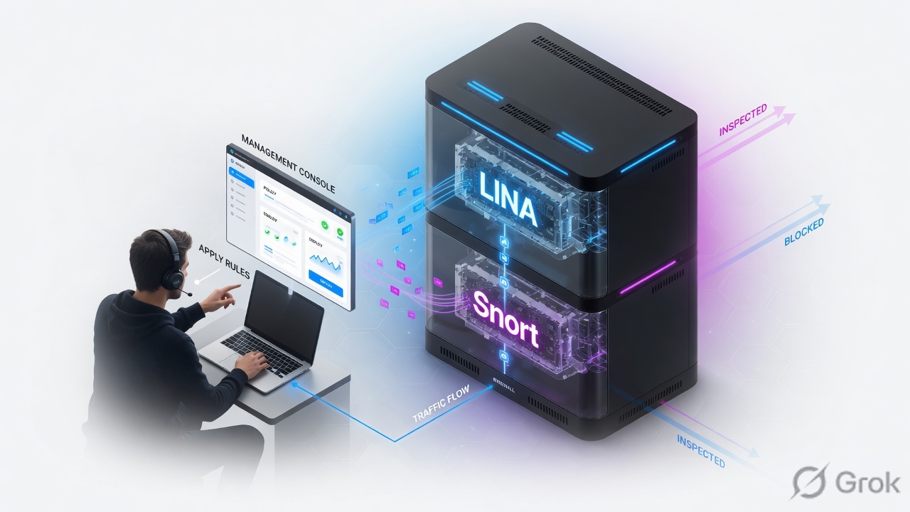 One firewall chassis drawn as two stacked engines, LINA and Snort, with a manager console to the side