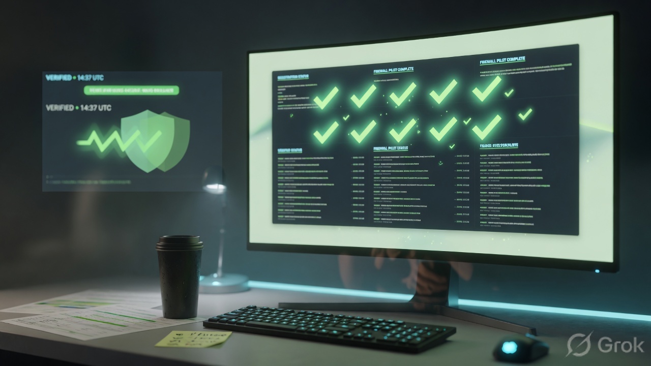 Operations desk with a monitor showing abstract green health checks after a successful firewall registration