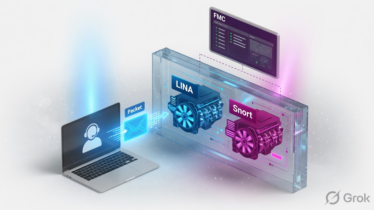 User packet entering an FTD dual-engine box (LINA and Snort) managed by a separate FMC console