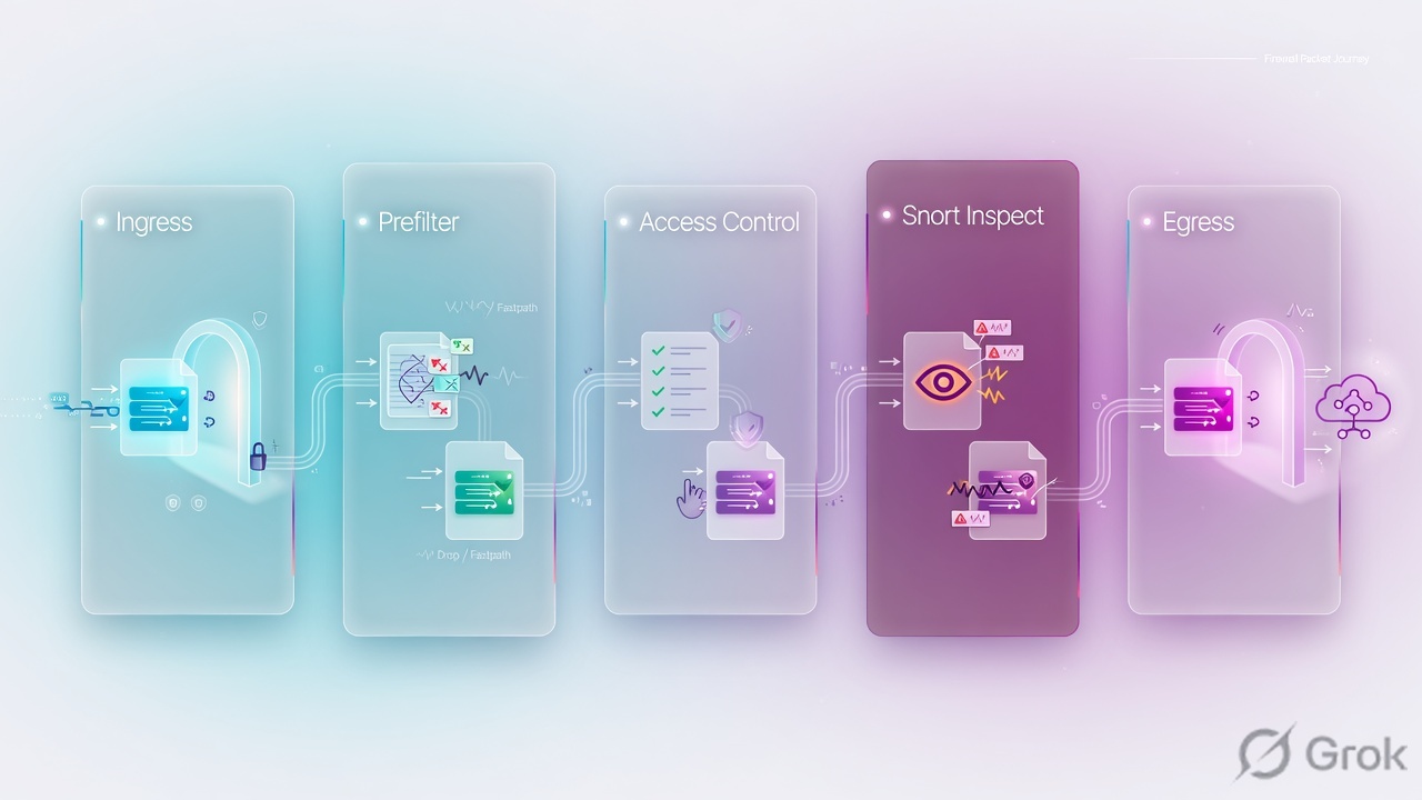 Five stations of an FTD packet: ingress, prefilter, access control, Snort, egress