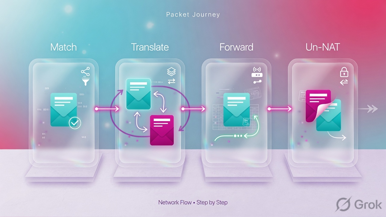Four glass panels showing match, translate, forward, un-NAT