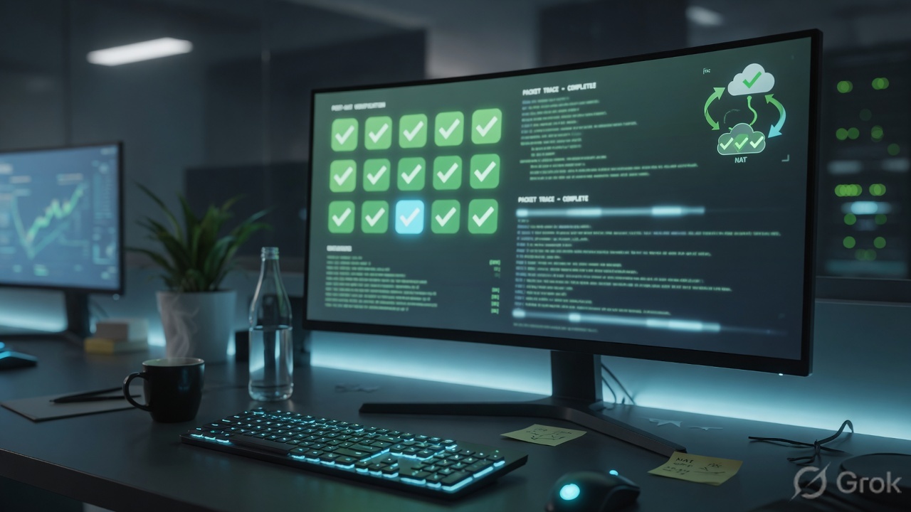 Operations desk with a monitor showing health checks after a NAT verification