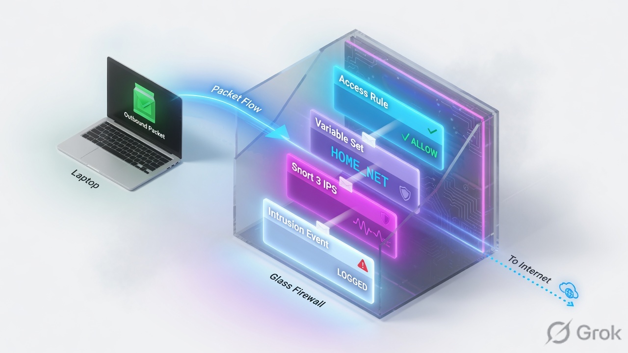 Packet flowing through Allow, HOME_NET, Snort 3, and an intrusion event card