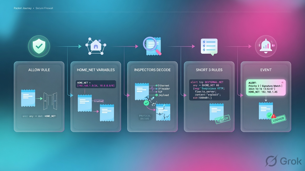 Five glass panels: Allow, HOME_NET, inspectors, Snort 3 rules, event