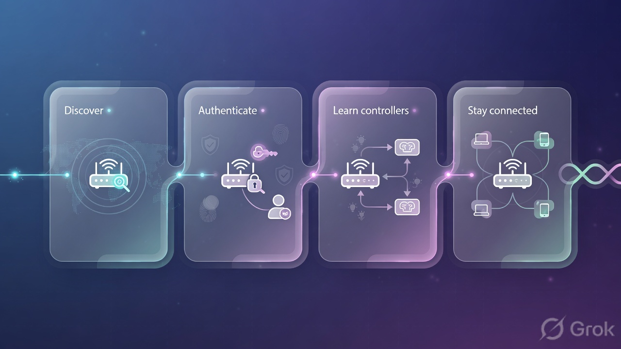 Four glass panels: discover, authenticate, learn controllers, stay connected