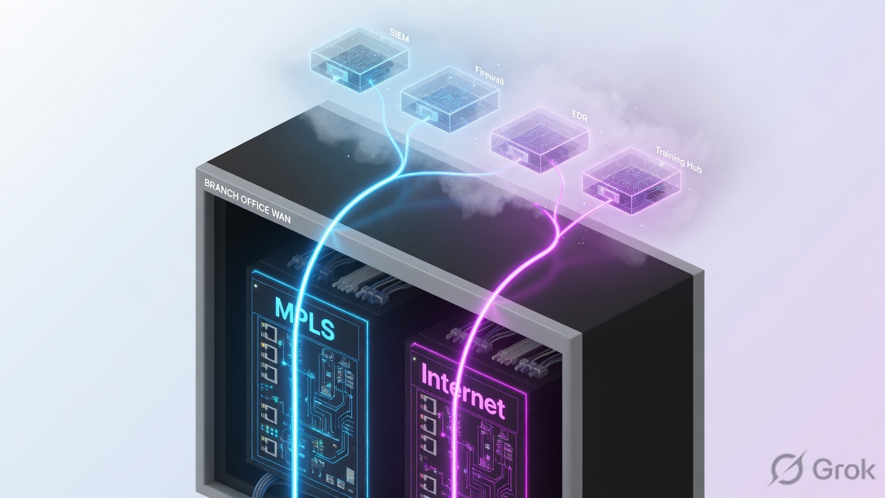 Branch WAN rack with MPLS and Internet circuits rising to four control nodes