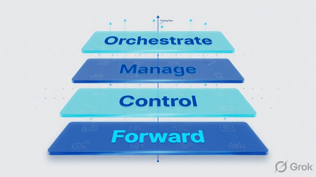 Four stacked glass platforms for orchestrate, manage, control, and forward