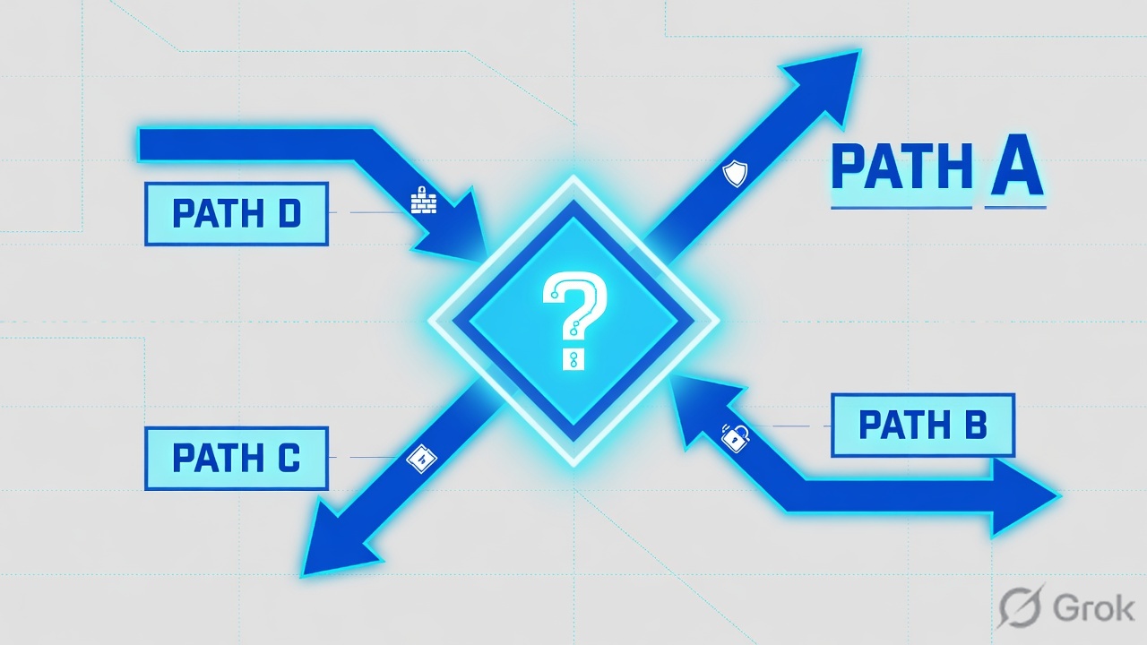 Decision diamond splitting into four proof paths