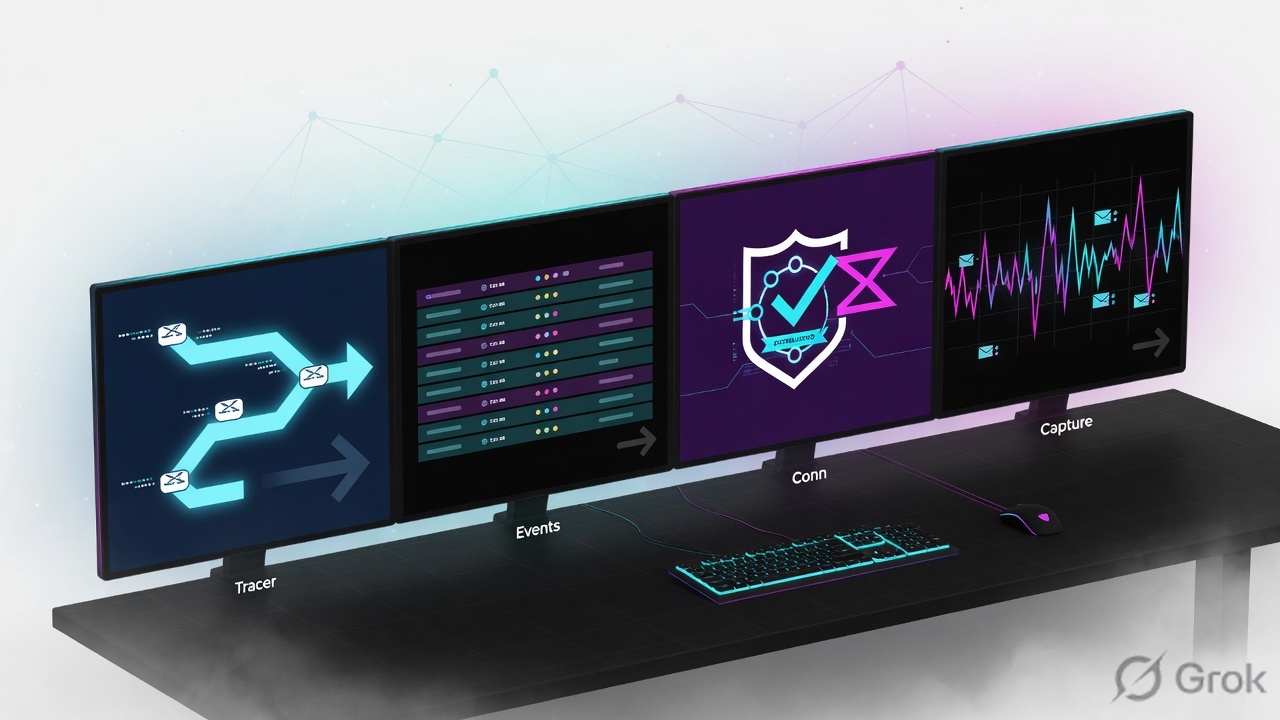Night evidence desk with four proof monitors: tracer, events, conn flags, capture