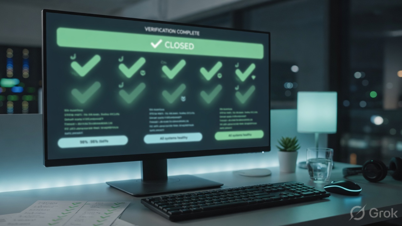 Operations desk closing a ticket with green health checks