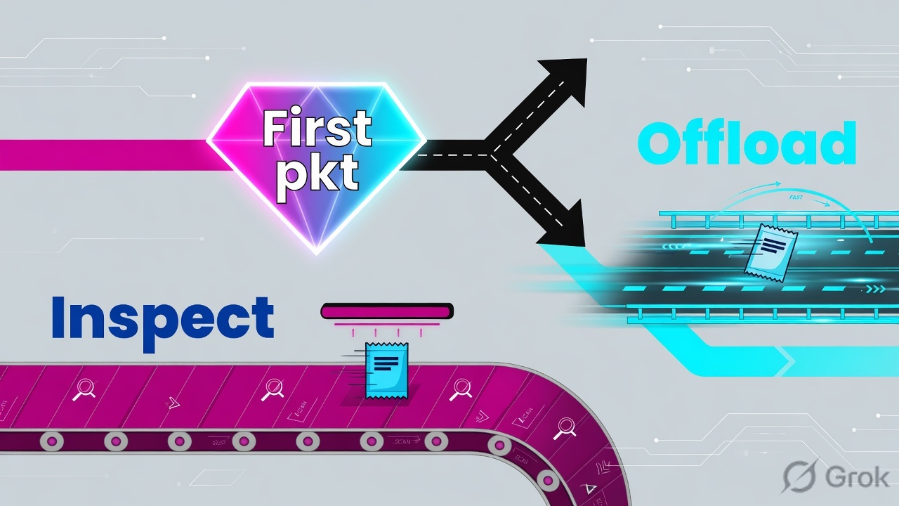 Diamond labeled First packet splitting inspect versus offload paths