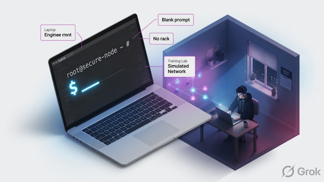 Engineer at a laptop with a blank terminal prompt and no hardware rack