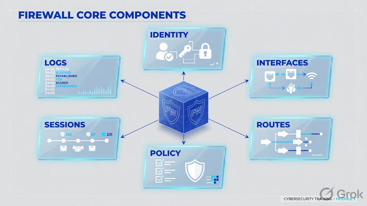 Six short labels around a generic firewall: identity, interfaces, routes, policy, sessions, logs
