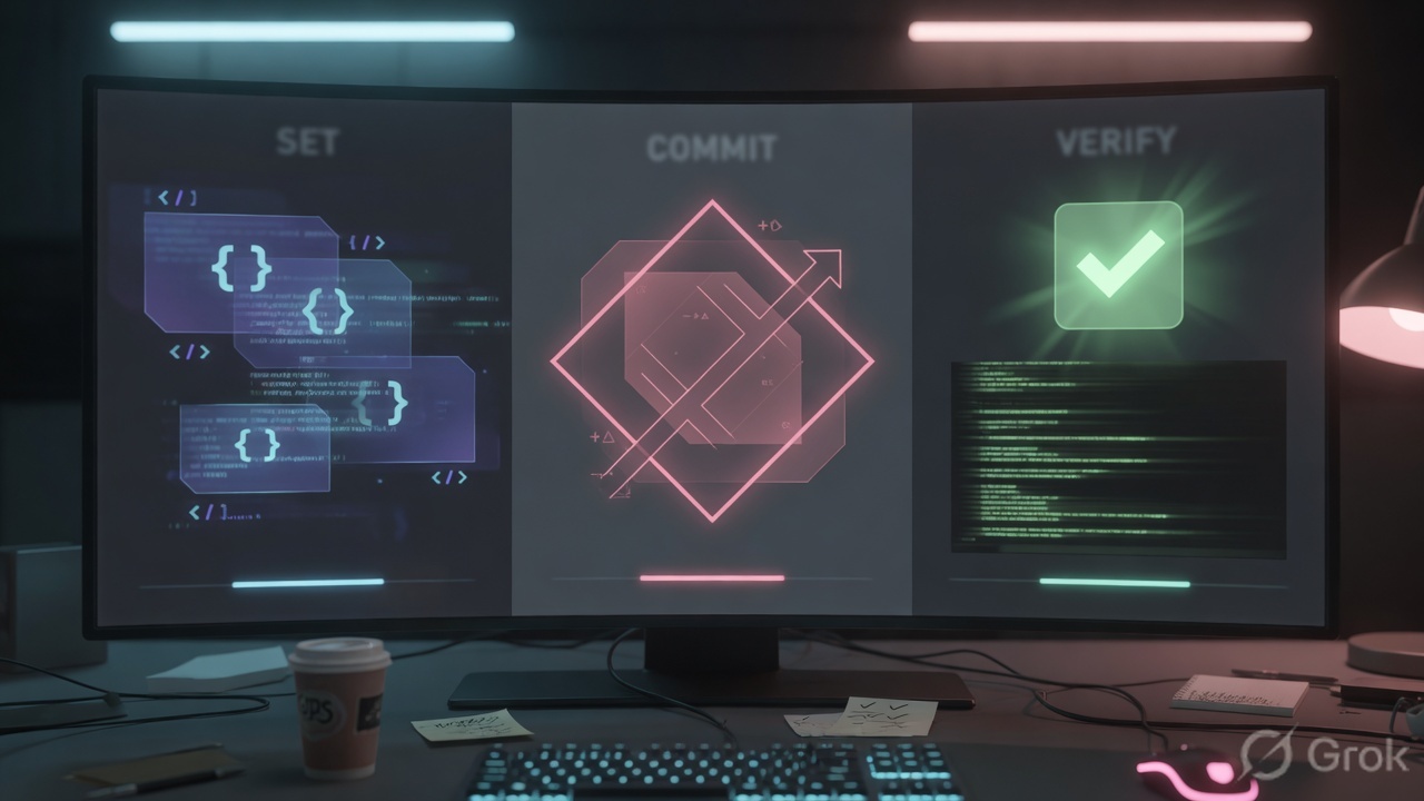 Three-stage verification: change, commit, then a green running-state check