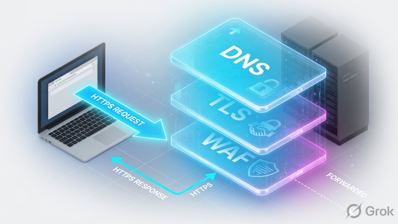 Laptop HTTPS request terminating at stacked DNS, TLS and WAF layers before a hidden origin