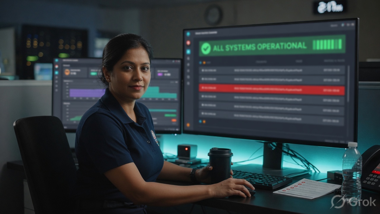 Operator at a SOC desk reviewing a security-events console with one blocked row highlighted