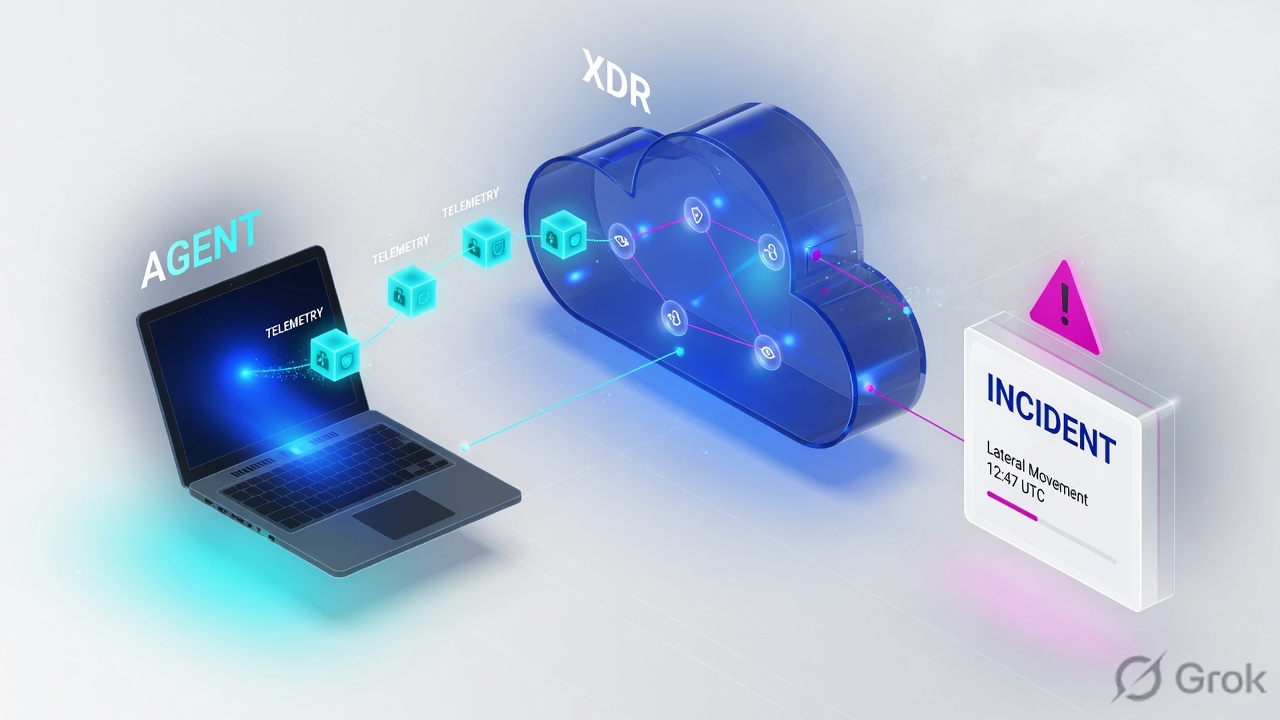 Laptop agent sending telemetry cubes into an XDR cloud that opens an incident card