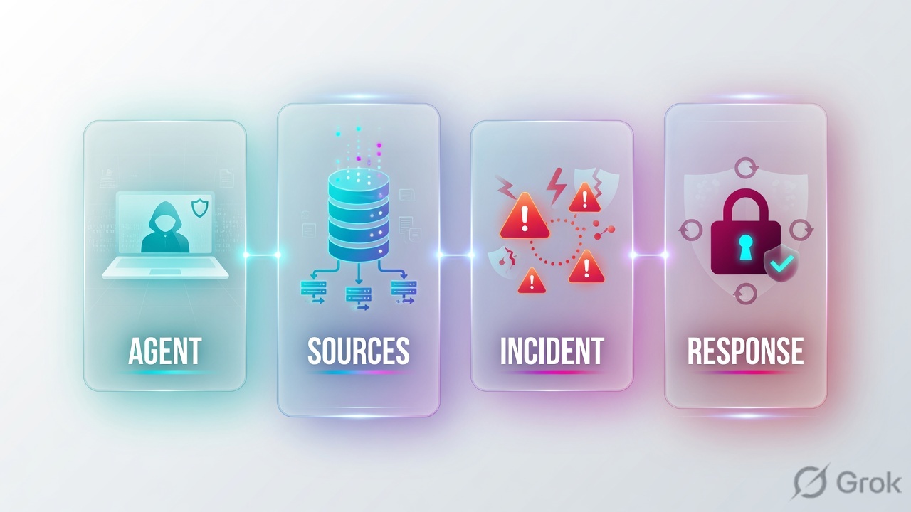 Four glass panels labeled Agent, Sources, Incident, Response