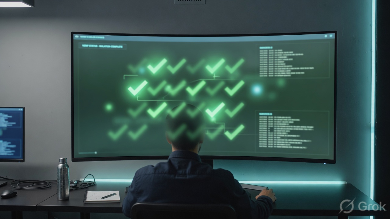 Analyst at a SOC desk verifying green isolation checks on a wide monitor