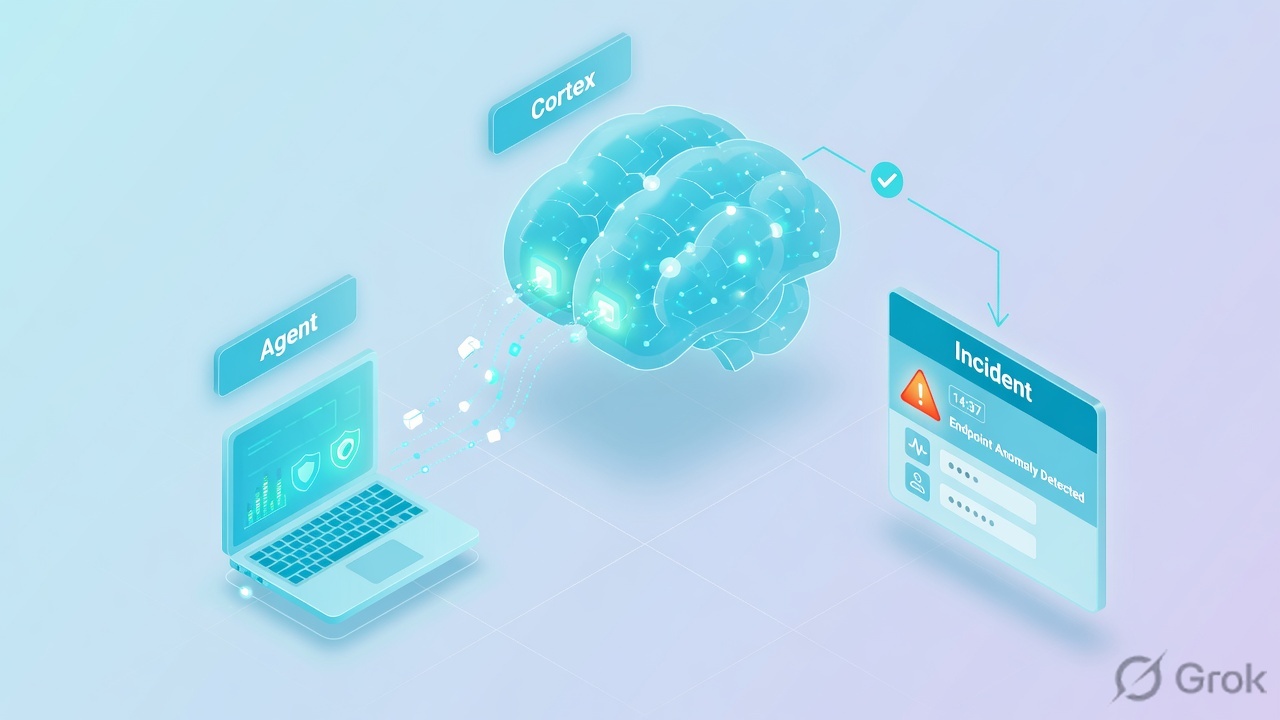 Endpoint agent sending telemetry into a Cortex brain, which opens an incident card for an endpoint anomaly