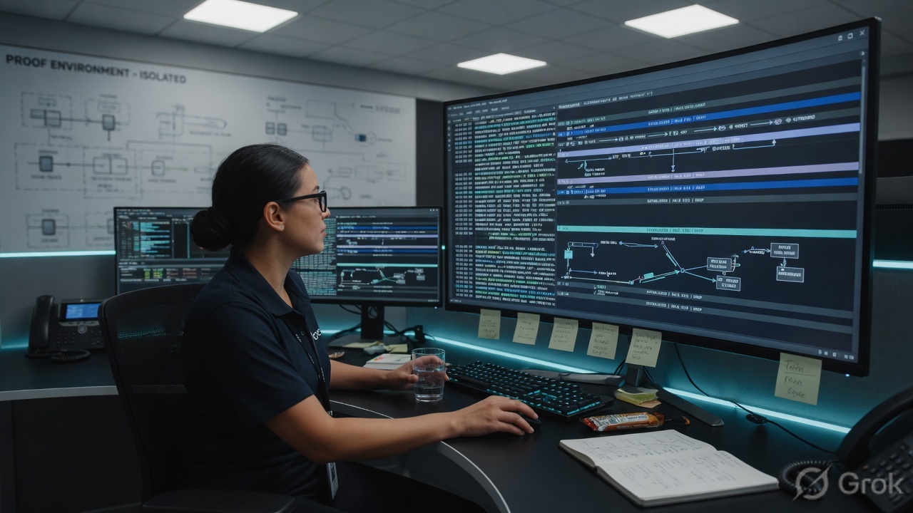 Operator at a SOC desk reading a multi-track timeline and investigation graph on a wide monitor