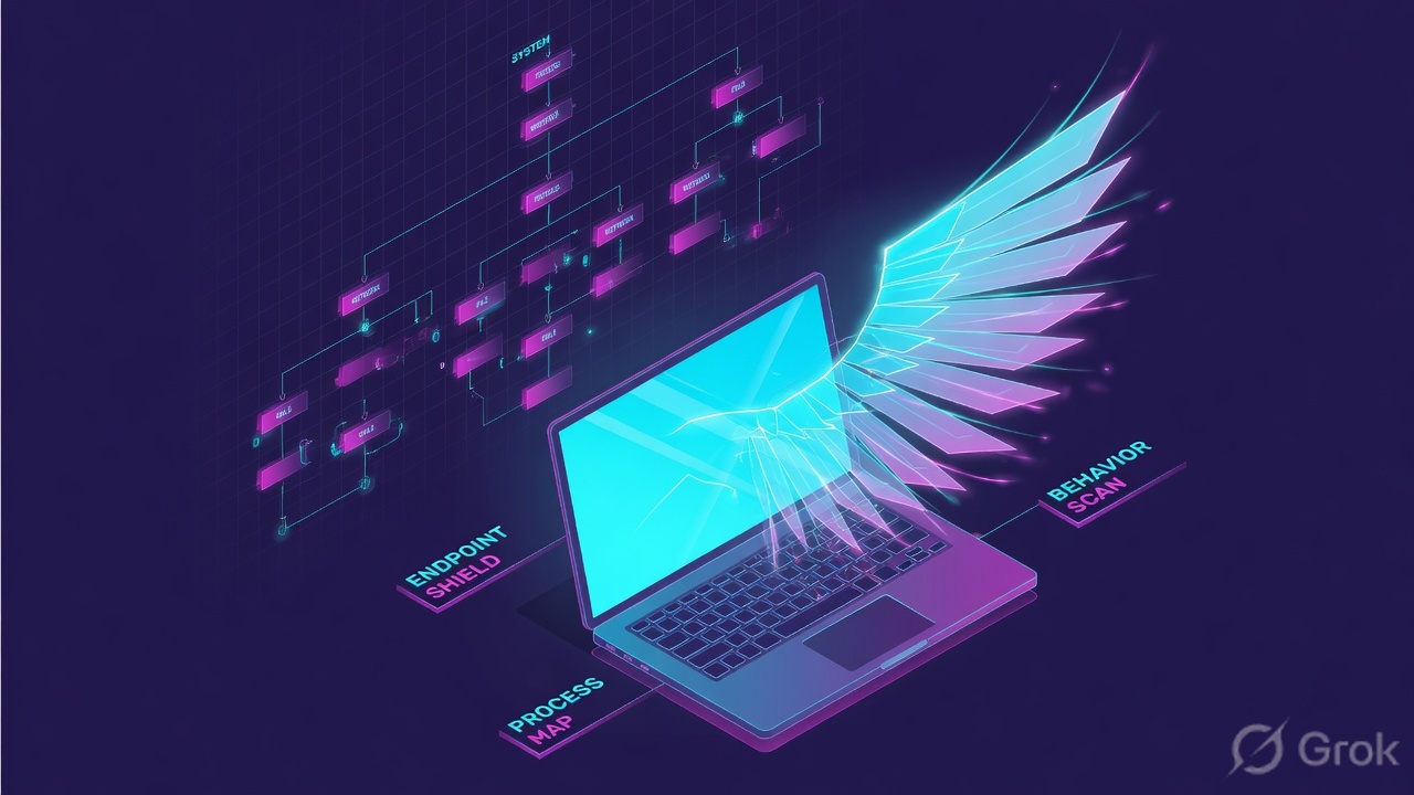Night-shift operations desk with five glowing Falcon proof tiles on a wall monitor