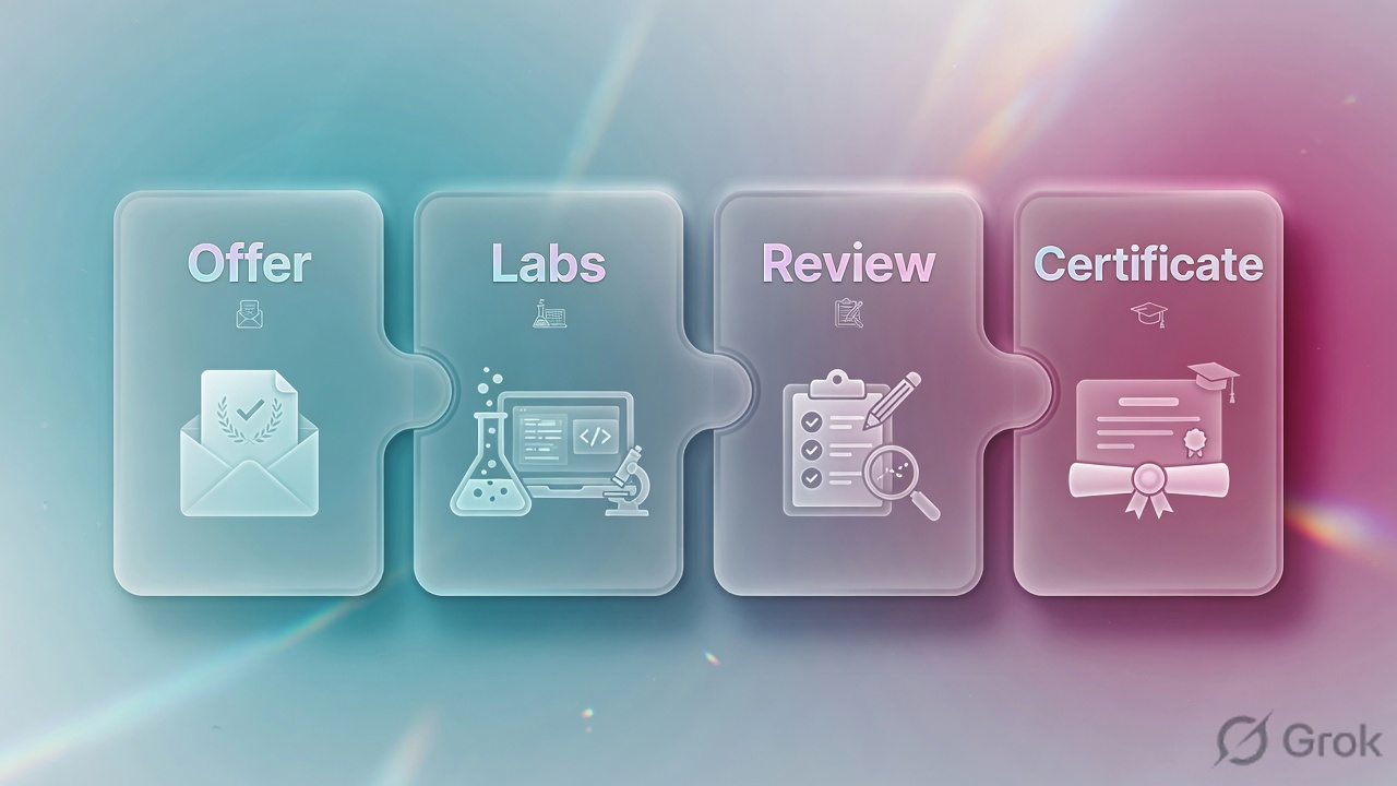 Teaches: four stages of the internship — offer, labs, weekly review, certificate