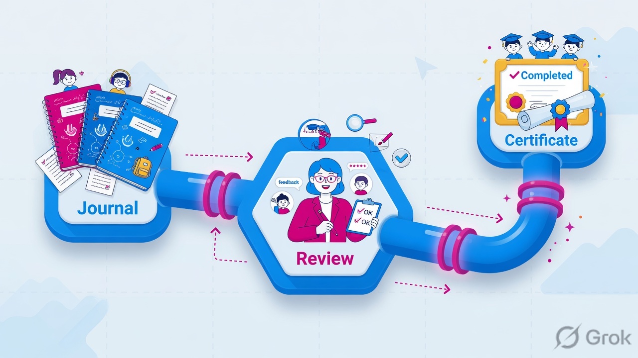 Teaches: weekly journal feeds mentor review which feeds the completion certificate