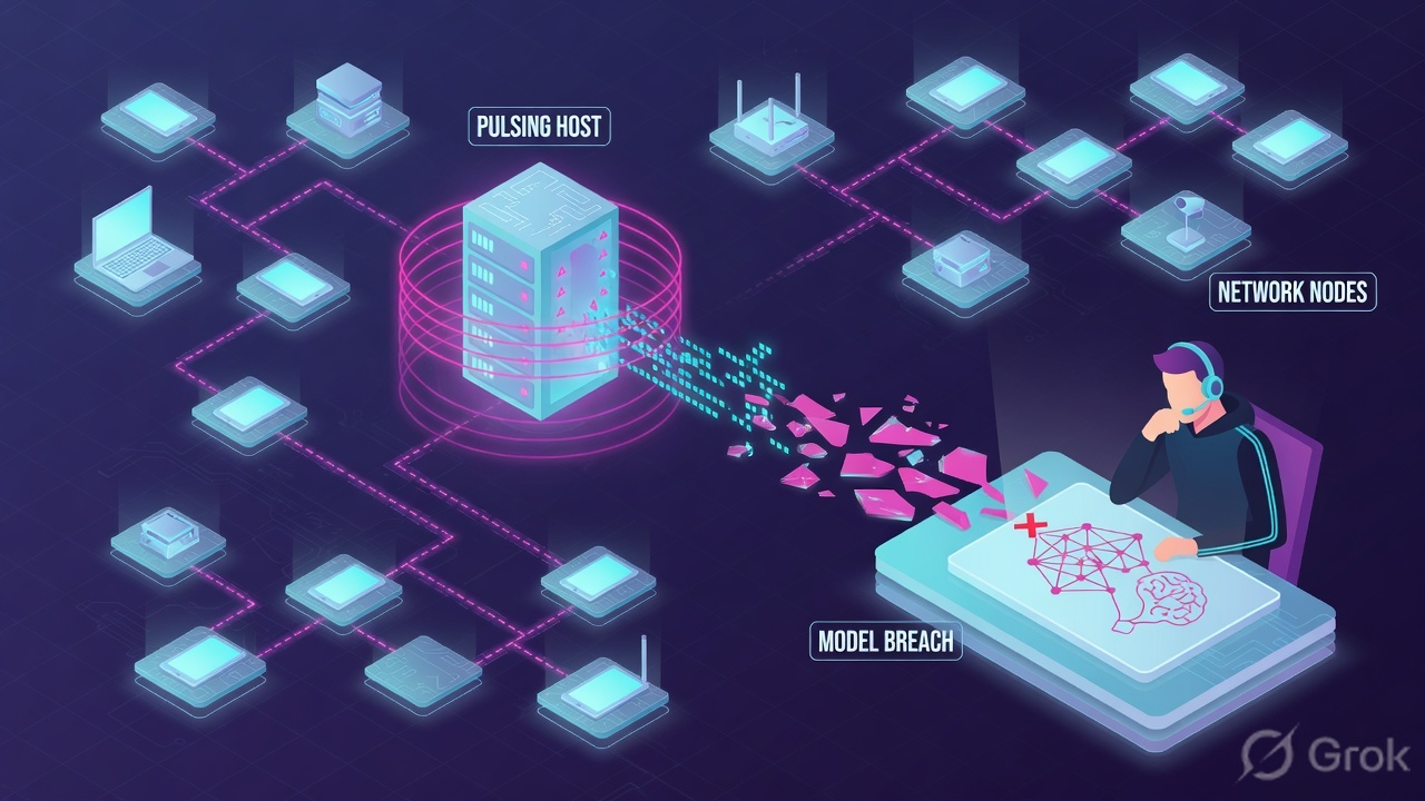 Night-shift operations desk with Darktrace proof tiles: pulsing host, model breach, network nodes
