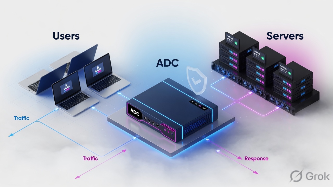 Users, an application delivery controller, and three backend servers