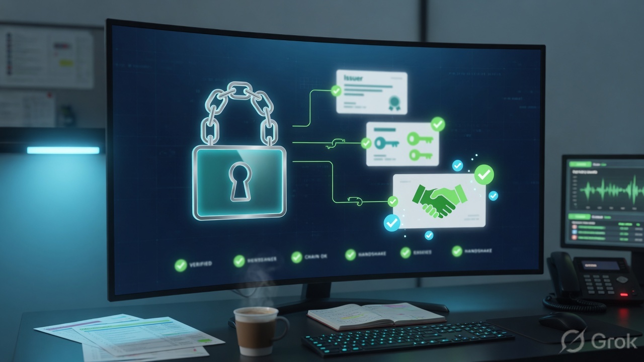 Padlock and handshake checkmarks on an operations monitor