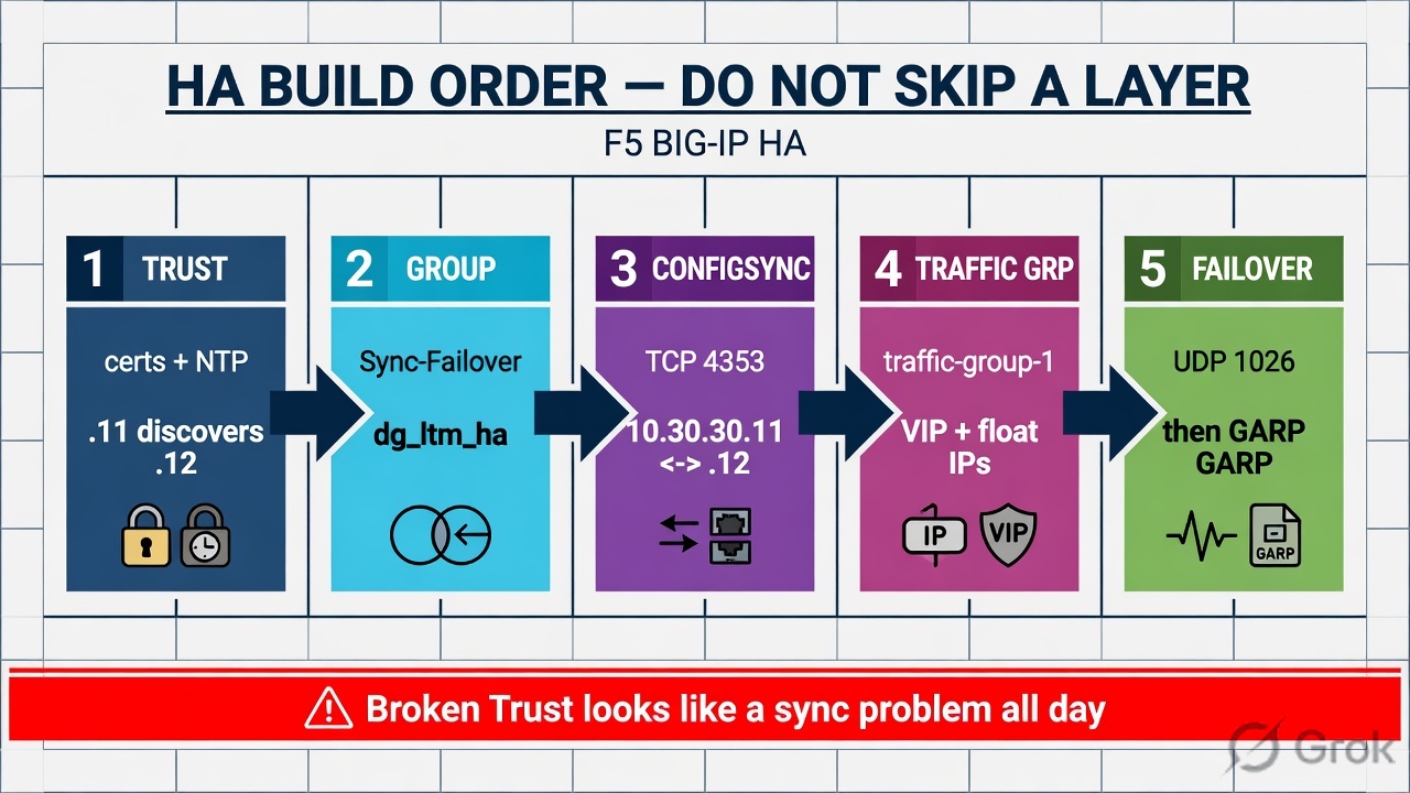 Trust then Group then ConfigSync then traffic-group then Failover